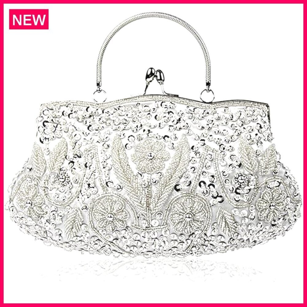 Large Sequin Beaded Flower Evening Clutch Bag with Detachable Wristlet